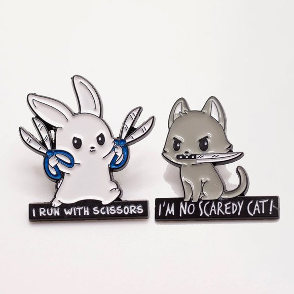 Metal and Enamel Alternative Bunny & Cat Set of Two Lapel Pins (New) - Picture 4 of 6
